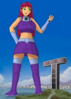breasts drawing giantess city mega alien color large_breasts long_hair bridge handheld skirt ocean buildings green_eyes island teen_titans red_hair starfire boots robin costume top belt bracelet wading looking_at_tiny dc_comics orange_skin titan_tower giantwaifus bare_midriff
