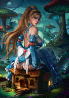breasts drawing growth giantess panties mega blonde color long_hair butt destruction green_eyes socks ponytail dress sitting alice_in_wonderland hair_bow striped_socks sitting_on_building mushrooms mtolympuscomics btg