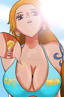 drawing blonde large_breasts long_hair nami one_piece cleavage tiny shrunken_man looking_at_viewer between_breasts