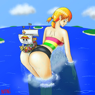 drawing giantess mega butt nami one_piece ocean wet red_hair boats islands noni