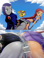 breasts drawing giantess panties mega alien comic color butt destruction clothed skirt purple_hair raven teen_titans red_hair starfire beast_boy robin giantesses cape top belt leotard cyborg hood demolition dc_comics orange_skin thedaibijin bare_legs grey_skin cutaway bare_midriff titans_tower heart_eyes