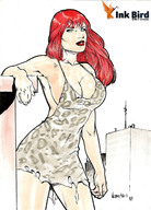 breasts drawing giantess city mega color large_breasts cleavage buildings giganta red_hair dress lipstick ripped_clothing leopard_print dc_comics bare_legs inkbird