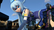 giantess blushing blue_eyes blue_hair crawling town digital_render aqua sliceofsize
