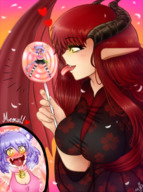 breasts drawing giantess blushing horns wings tongue small_woman teeth licking saliva purple_hair red_hair candy bell majoumegami