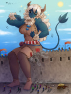 drawing giantess white_hair horns tail sitting oni muscles blue_skin tinies wall majoumegami