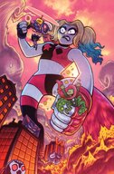 drawing giantess mega blonde comic color destruction blue_eyes handheld helicopter gloves boots harley_quinn shorts explosion batgirl batman cape top poison_ivy bane ivy white_skin green_skin dc_comics gotham_city gotham bare_midriff king_shark