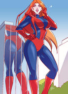 breasts drawing giantess city mega color large_breasts long_hair butt buildings green_eyes smiling gloves red_hair boots bodysuit reflection outdoors costume giant_girl new_york_city hands_on_hips angelgts mary_jane spider-man marvel_comics earth_20052 ci0