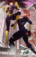 breasts drawing giantess city mega color large_breasts long_hair butt destruction handheld buildings green_eyes brunette gloves red_hair boots bus fighting skyscraper giantesses bodysuit mask vehicles avengers outdoors costume giant_girl new_york_city belt ripped_clothing jumpsuit bracelet black_widow angelgts janet_van_dyne marvel_comics the_wasp black_behemoth avengers_mansion