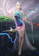 giantess white_hair giga ocean red_eyes magic staff ships dragons lightning stars cliff airship darkmuleth floating_island