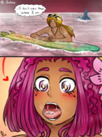 drawing giantess pokemon blushing shark tongue mouth saliva pink_hair pink_eyes shrunken_man sunglasses surfer majoumegami