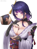 purple_hair between_breasts kuroihassan genshin_impact raiden_shogun scaramouche