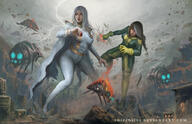 breasts drawing giantess white_hair city mega alien color long_hair destruction rampage buildings brunette gloves spaceship storm giantesses dark_skin costume cape belt lightning headband x-men marvel_comics rogue_(x-men) hair_streak shizen
