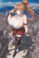 city mega large_breasts skirt green_eyes ribbon brunette smiling ponytail thigh_highs granblue_fantasy nut_kun claris