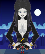 breasts drawing giantess city mega alien black_hair color large_breasts armor cleavage buildings purple_eyes moon dress halloween night costume bracelet hands_on_hips white_skin thief looking_at_tiny dc_comics elvira shrinking_violet nightcore100 legion_of_superheroes money_bag