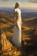 breasts giantess white_hair giga mega long_hair fantasy princess castle dress queen mountains outdoors game_of_thrones bare_midriff megalover93 house_of_the_dragon rhaenyra rhaenyra_targaryen ai_art