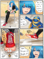 drawing giantess panties blushing upskirt comic blue_eyes blue_hair tiny knight smiling kick sneakers top majoumegami quest