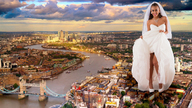 breasts giantess collage giga city bridge high_heels brunette wedding_dress london river necklace earings lifting_skirt
