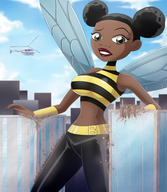 breasts drawing giantess wings city mega black_hair color large_breasts destruction buildings helicopter brown_eyes teen_titans pants dark_skin top belt bracelet dc_comics hair_buns thedaibijin bare_midriff bumblebee