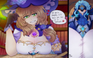 breasts drawing giantess green_eyes blue_hair brunette tiny witch magic hat book between_breasts majoumegami bookmark