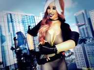 breasts giantess city mega large_breasts long_hair crossover handheld barefoot cleavage buildings green_eyes brunette multiple_sizes giganta gloves red_hair collar giantesses reflection costume belt hands_on_hips x-men zipper leopard_print looking_at_tiny digital_render dc_comics marvel_comics johnnyscribe rogue_(x-men) heavy_eyeshadow hair_streak black_lipstick