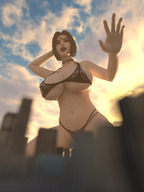 breasts giantess panties city mega black_hair large_breasts cleavage bra buildings raven teen_titans kneeling underboob collar digital_render dc_comics bare_legs grey_skin bare_midriff black_lipstick jgrfgts