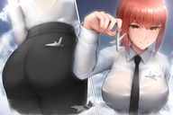 breasts drawing giantess mega color large_breasts butt yellow_eyes red_hair airplane tie pants clouds hold shirt thick_thighs pinched office_clothes makima giganticjoke chainsawman