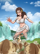 breasts drawing growth giantess mega alien color large_breasts long_hair cleavage bra skirt brunette waterfall brown_eyes star_wars outdoors farmer ripped_clothing headband looking_at_tiny bare_legs makeshift_clothing circlet bare_midriff padme_amidala padme empress ameliaafterdark gungan kaadu shaak herd naboo