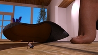 clothed barefoot high_heels tiny unaware shrunken_man digital_render up_close afraid