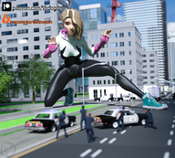 giantess city mega blonde butt buildings police crouching costume hood digital_render gwen_stacy spider-man marvel_comics spider-gwen vedogon
