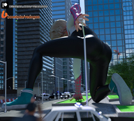 giantess city mega blonde butt buildings crouching costume digital_render gwen_stacy spider-man marvel_comics spider-gwen vedogon