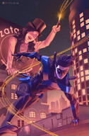 drawing giantess city mega black_hair color long_hair blue_eyes skirt buildings mask magic night hat costume belt magician magic_wand looking_at_tiny top_hat zatanna dc_comics billboard vest bowtie nightwing pryce14
