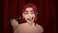 giantess vore mouth teeth lips red_hair animation fork shrunken_man piercing chewing music_video dinner_date