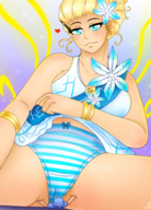 breasts drawing giantess panties blushing blonde blue_eyes butt_crush tiny thighs flower majoumegami