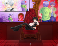 breasts drawing giantess comic black_hair purple_hair portal crown collar boot leather chair mirror cellphone majoumegami