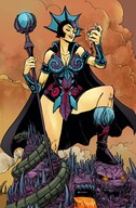 breasts drawing giantess mega blonde color large_breasts handheld cleavage skirt purple_eyes castle boots crown lava collar outdoors staff cape giantessfan looking_at_tiny sorceress headdress bare_legs gauntlets yellow_skin he-man evil-lyn snake_mountain