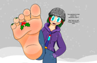 drawing giantess feet christmas green_hair mistletoe snow hat coat