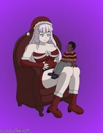 drawing giantess small_man christmas pink_hair boots amazon chair bow santa_costume santa_hat sitting_on_lap virtualparadisegts