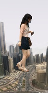 giantess collage city mega black_hair destruction high_heels street skyscraper vehicles purse hedin necklace wallet