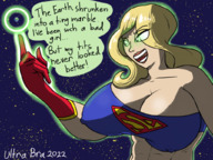 breasts drawing giantess earth giga blonde space large_breasts long_hair cleavage green_eyes smiling gloves supergirl muscles costume cape top dialogue dc_comics cosmic_giantess bare_midriff ultra-bra