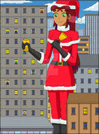 breasts drawing giantess city mega alien color large_breasts long_hair buildings green_eyes christmas teen_titans gloves red_hair starfire boots santa_costume costume belt money santa_hat bell dc_comics orange_skin nightcore100