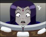 drawing color purple_hair purple_eyes raven teen_titans gloves green_hair beast_boy shrunken_man costume belt hot_chocolate green_skin looking_at_tiny dc_comics grey_skin nightcore100 marshmallows
