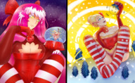 drawing giantess panties wings blonde multiple_sizes pink_hair giantesses snow bow tinies hair_bow trees bell candy_cane majoumegami snow_globe
