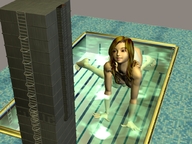 giantess vore mega tongue swimsuit mouth brunette brown_eyes pool shrunken_man diving_board digital_render