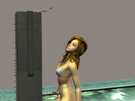 giantess vore mega tongue swimsuit mouth brunette brown_eyes pool shrunken_man diving_board digital_render