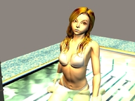 giantess vore mega tongue swimsuit mouth brunette brown_eyes pool shrunken_man diving_board digital_render