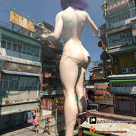 breasts growth nipples giantess nude city buildings purple_hair standing onlookers digital_render jewel vedogon