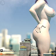 breasts growth nipples giantess nude mega destruction butt_crush purple_hair sitting digital_render vedogon