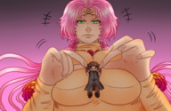 drawing giantess green_eyes tiny pink_hair roses nose_ring majoumegami