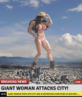 bikini giantess collage giga city black_hair destruction wonderslug boots muscles abs looking_down news athletic cowboy_hat cindy_landolt foot_prints cinderella_landolt
