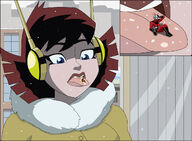breasts drawing giantess city tongue blue_eyes buildings brunette short_hair sitting shrunken_man snow avengers costume ant-man coat on_tongue helmet winter_clothes janet_van_dyne marvel_comics nightcore100 cutaway the_wasp avengers_earths_mightiest_heroes hank_pym